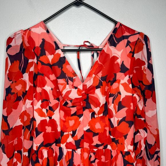 Sincerely Jules Red Floral Maxi Dress Sz M 3/4 Sleeve Smocked Back V-Neck Lined - Picture 2 of 12
